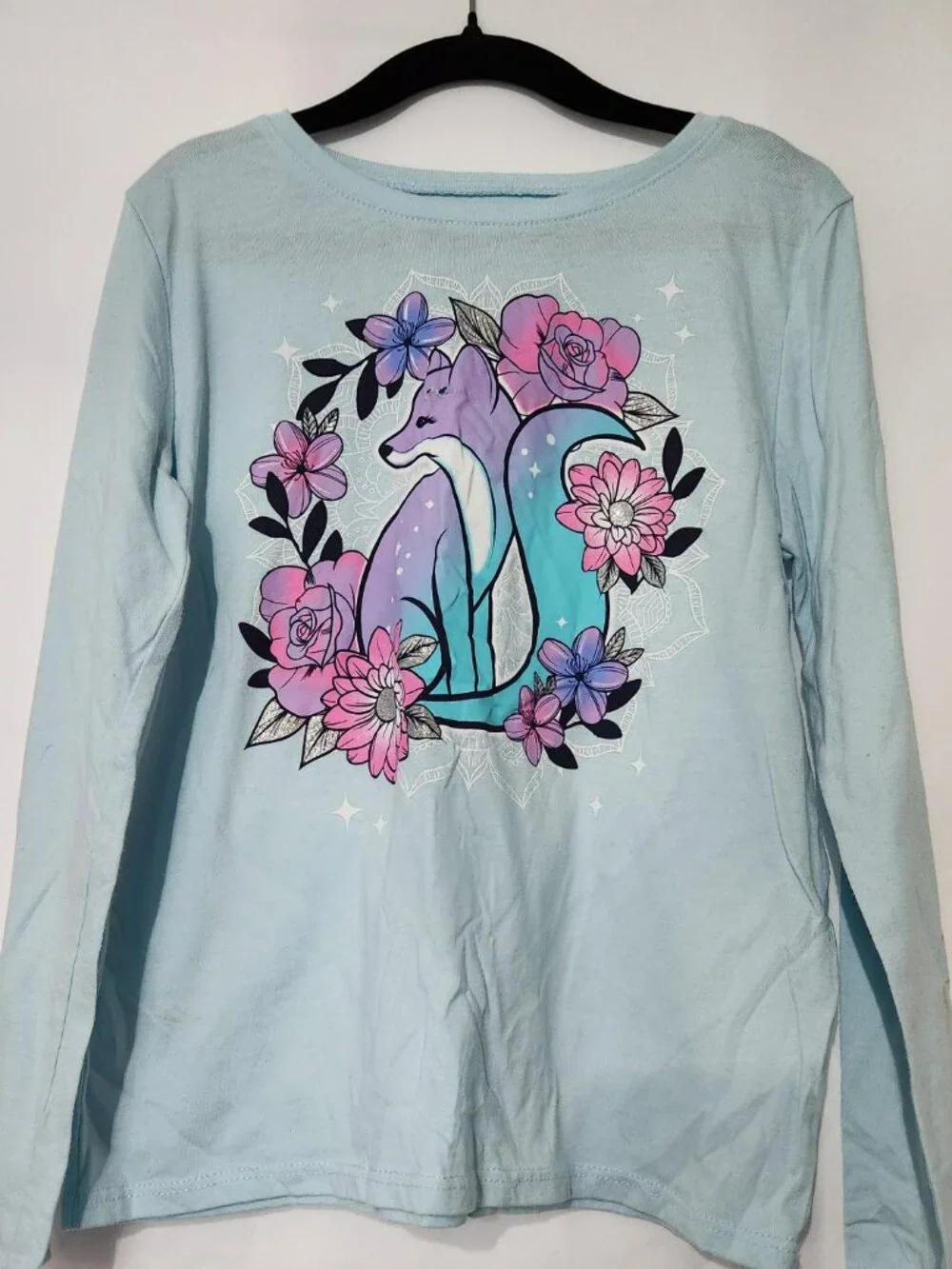 The Children's Place Fox Floral Long Sleeve Shirt Size 7/8 Blue Graphic Tee